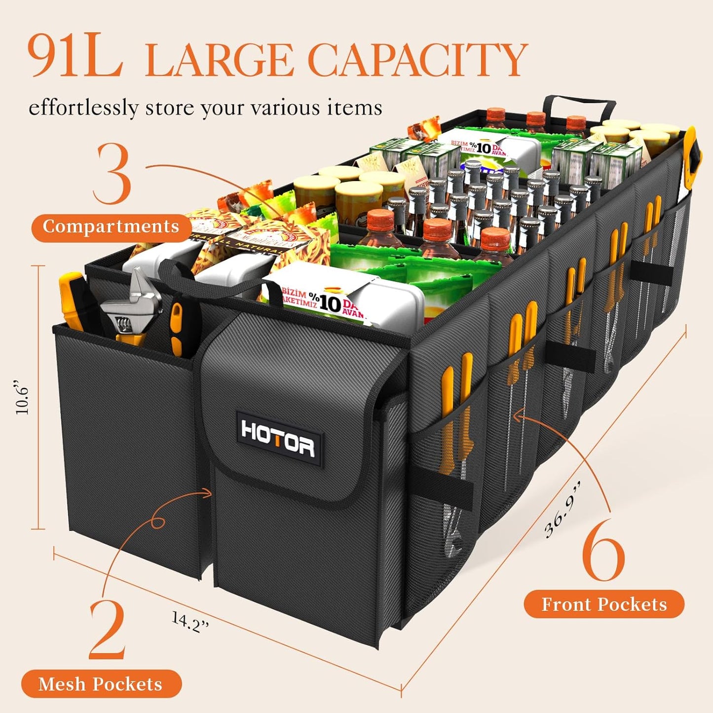 HOTOR Trunk Organizer - Car Organizer, Foldable Trunk organizer for SUVs & Sedans, Car Accessories, Tools, Sundries, 2 Compartments, Black