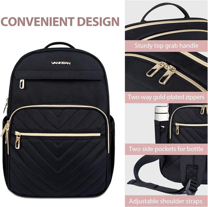 VANKEAN Laptop Backpack for Women Men Work Laptop Bag Fashion with USB Port, Daypacks for College, Business (Black, 15.6 Inch)