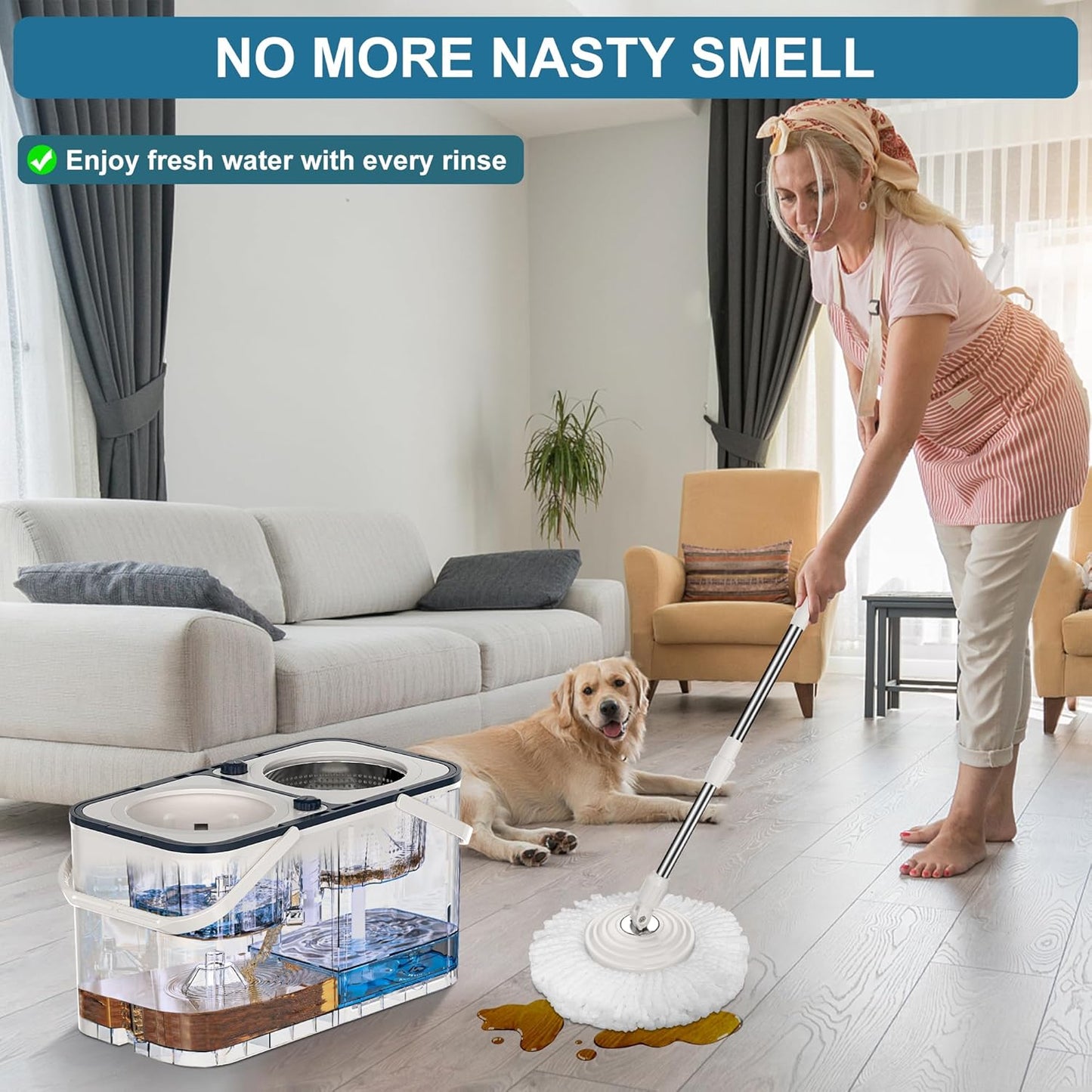 RinseWise Spin Mop and Bucket Separate Clean and DirtyWater, Mop and Bucket with Wringer Set, 4-Chamber Commercial Spinning Mopping Bucket Cleaning Supplies with 8 Microfiber Replacement Head Refills