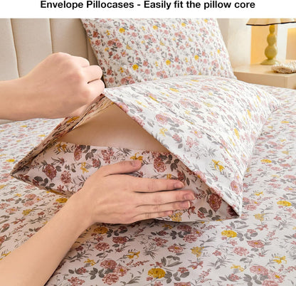 Viviland Floral Queen Sheet Set - 4 Piece Vintage Pink & Yellow Flower Patterned Bed Sheets - Soft, Breathable Microfiber Sheets with Deep Pocket, Non-Slip Fitted Sheets & Pillowcases