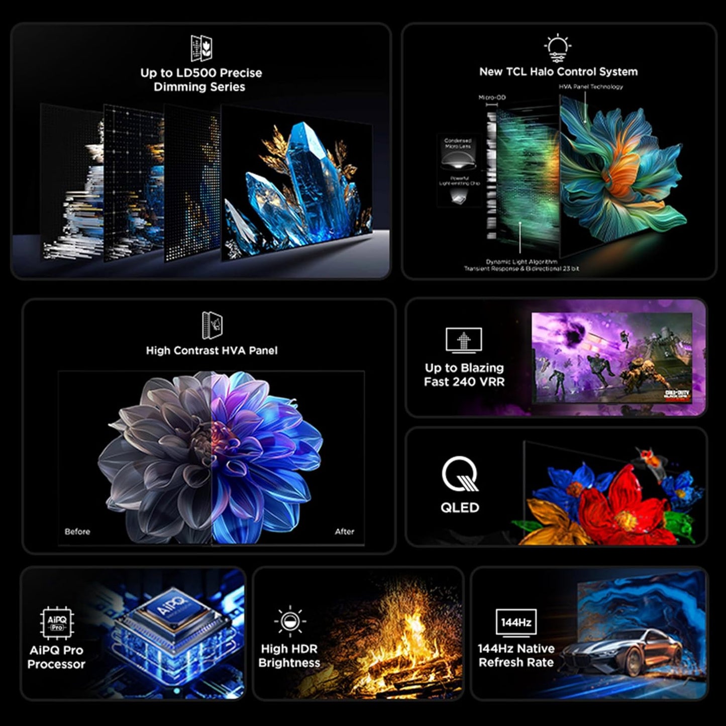 TCL 55-Inch QM6K Series QLED 4K Smart QD-Mini LED TV with Google TV (2025 Model) New Halo Control System, LD500 Precise Dimming Series, High Contrast HVA Panel, 144Hz Native Panel Refresh Rate