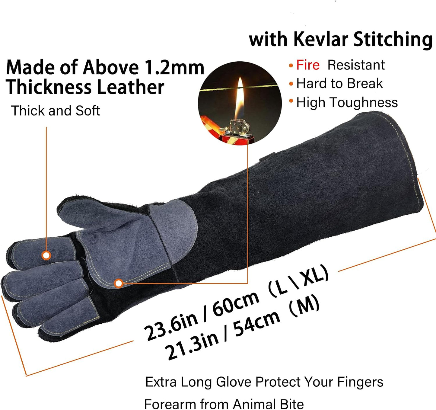 Animal Handling Gloves | 60 cm Long Leather Bite, Scratch, Cut and Puncture Resistant Gloves for Pet Handling, Reptiles, Birds, Welding and Gardening