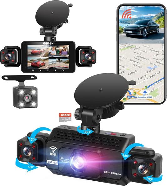 4 Channel Dash Cam 360° View 5G WiFi & APP Control, GEMEK 2K Front and Rear Inside, Left Right Dash Camera for Cars Free 64GB TF Card, G-Sensor, Night Vision, 24H Parking Mode - PuriLite