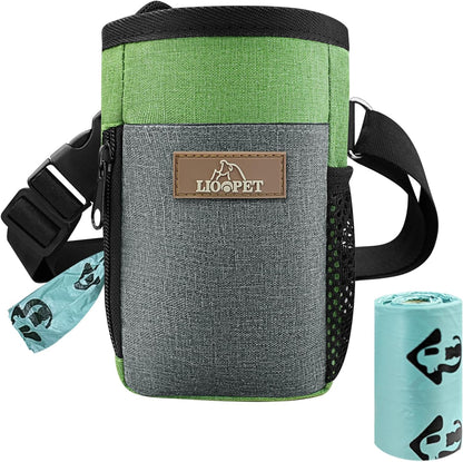 Upgraded Large-Sized Dog Treat Pouch with Waist Clip - Fashionable Green&Grey Design - Large Capacity Treat Bag for Dog Walks,Outdoor Activities, Travel and Training - Includes 1 Poop Bags