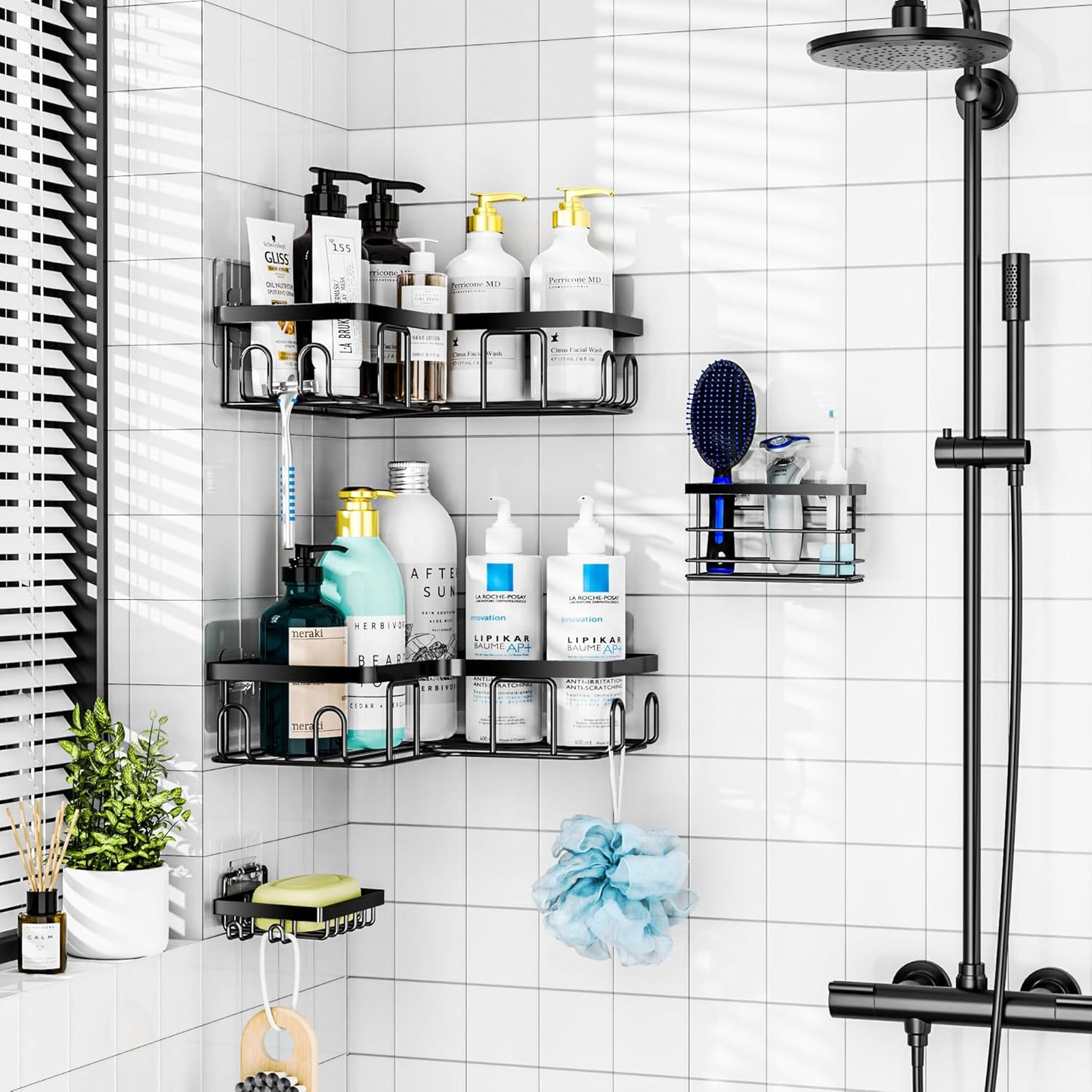 MOFOROCO 3-Pack Shower Caddy Corner Basket Shelf with Soap Holder, No Drilling Traceless Adhesive Shower Wall Shelves, Black Bathroom Shower Storage Organizer（ for 90-Degree Right-Angle Walls）