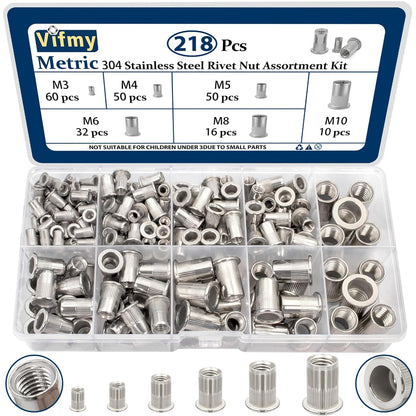 Vifmy Metric & SAE Rivet Nut Assortment Kit(420 Pcs),m3 m4 m5 m6 m8 m10 m12#6-32#8-32#10-24 1/4"-20 5/16"-18 3/8"-16 UNC Flat Head Rivnut Set,Zinc Plated Finish Carbon Steel Nutsert