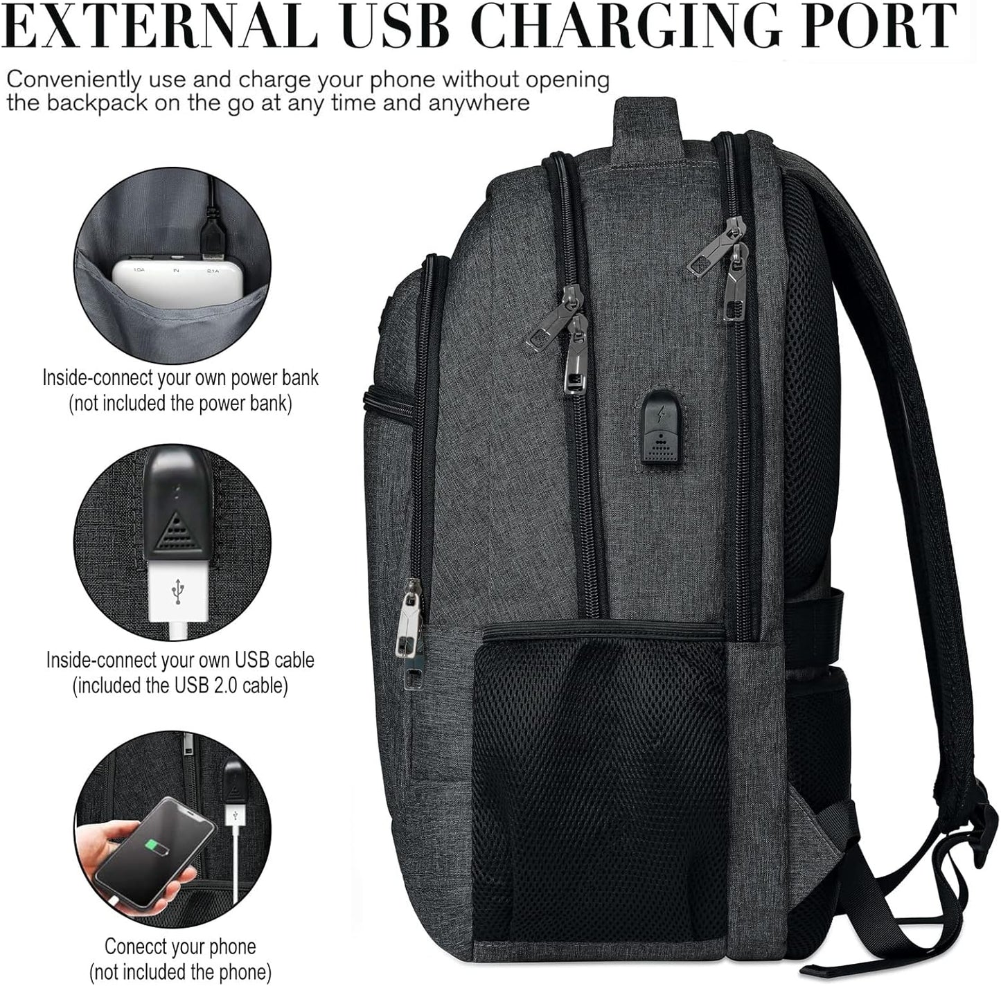 Backpack for Men and Women, School Backpacks for Teen Boys and Girls, Black Water Resistant Back Pack, Business Men Sturdy Computer Bag with USB Charging Port, Gifts
