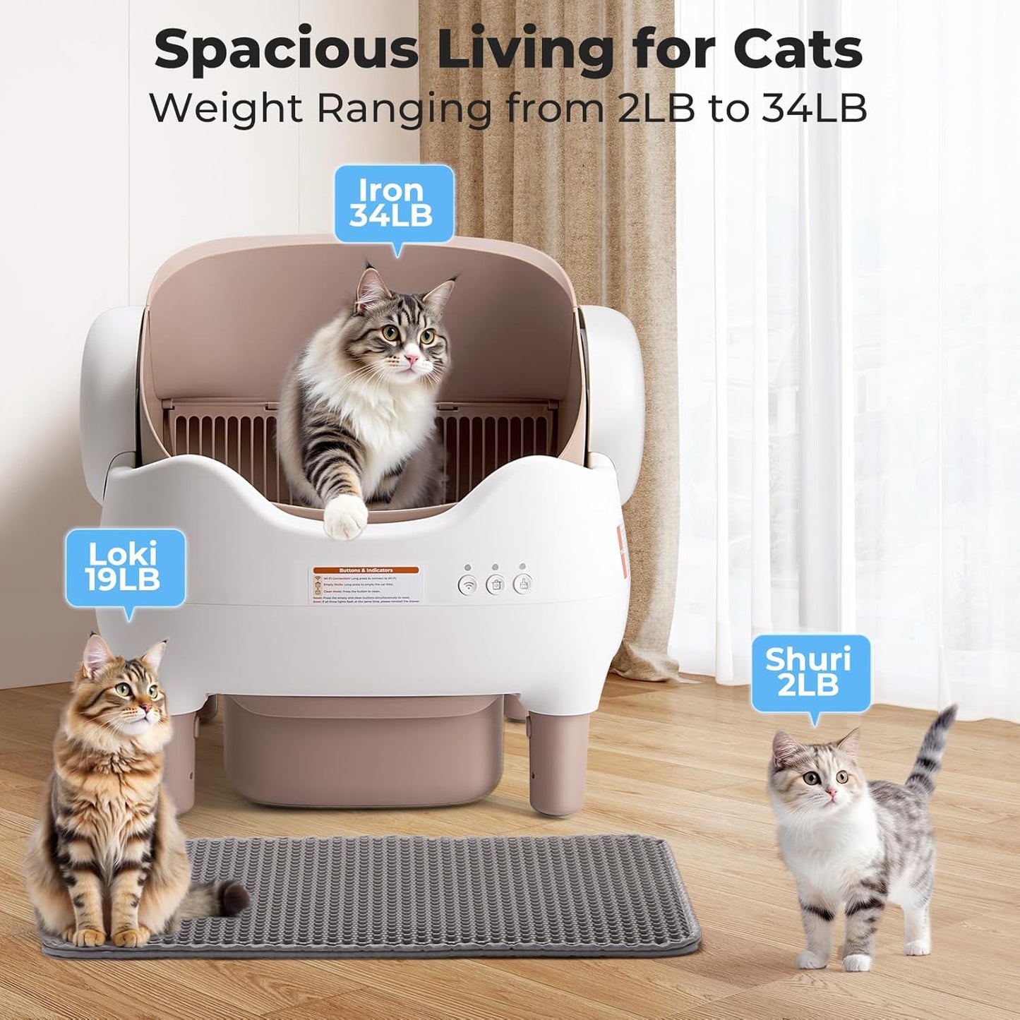 KITPLUS Self Cleaning Litter Box, Automatic Cat Litter Box with APP Control, Odor-Free Waste Disposal Includes Trash Bags, Large Waste Bin, Open-Top, for Multiple Cats
