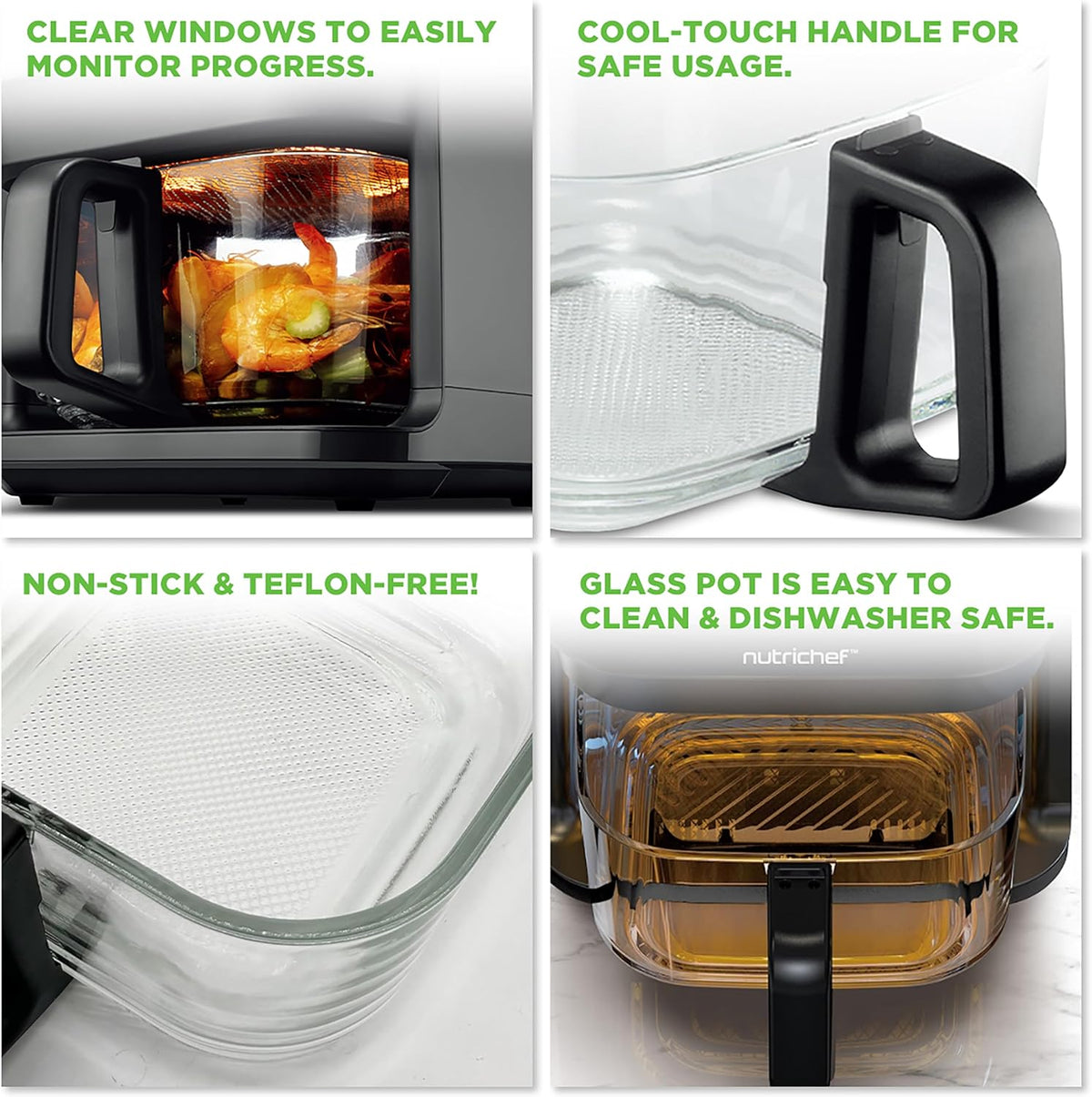 Nutrichef 5.8 Quart Air Fryer | 8-1 Preset Cook Modes | Transparent Fry Bowl for Best Cooking Results | Cook Shrimp, Steak, Fries, Wings, Chicken & More | Precise Temperature Control & Time | Black