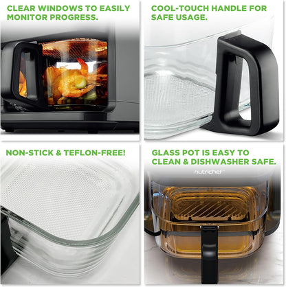 Nutrichef 5.8 Quart Air Fryer | 8-1 Preset Cook Modes | Transparent Fry Bowl for Best Cooking Results | Cook Shrimp, Steak, Fries, Wings, Chicken & More | Precise Temperature Control & Time | Black