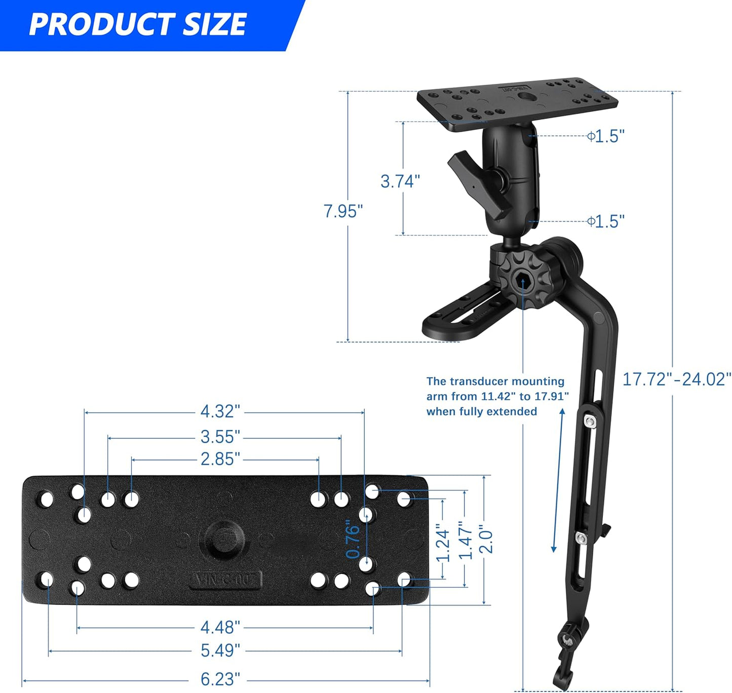 Velpaw 1.5" Ball Kayak Fish Finder Mount with Transducer Mounting Arm, Marine Electronic Mount Plate with Low Profile Track, Compatible with RAM Mounts, Scotty, Lowrance, Garmin