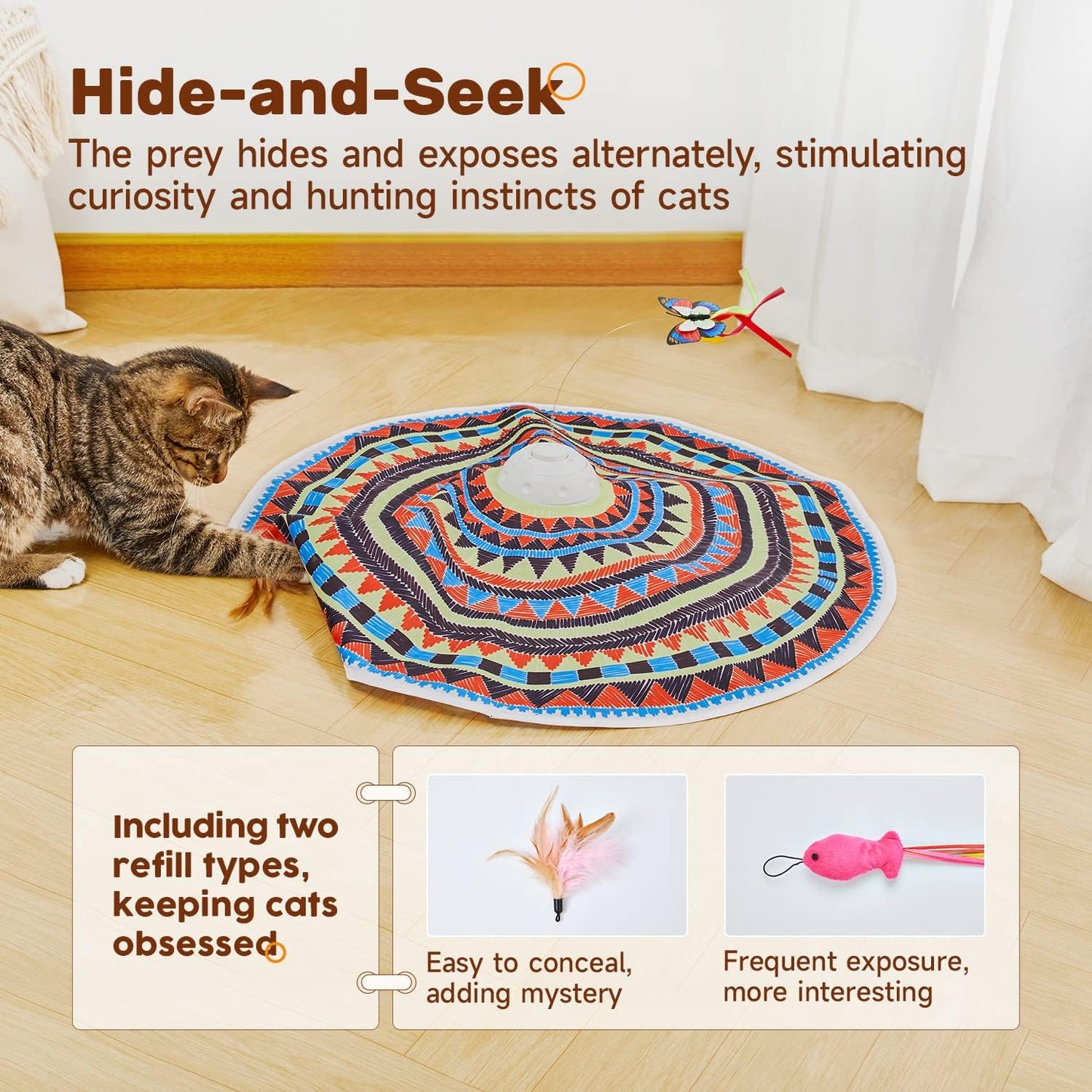 Potaroma Cat Toys Chargeable, 3in1 Hide and Seek for Kittens, Interactive Automatic Play, Fluttering Butterfly, Moving Wand Feather, Indoor Kitty Exercise 22.8 Inch Cover for All Breeds