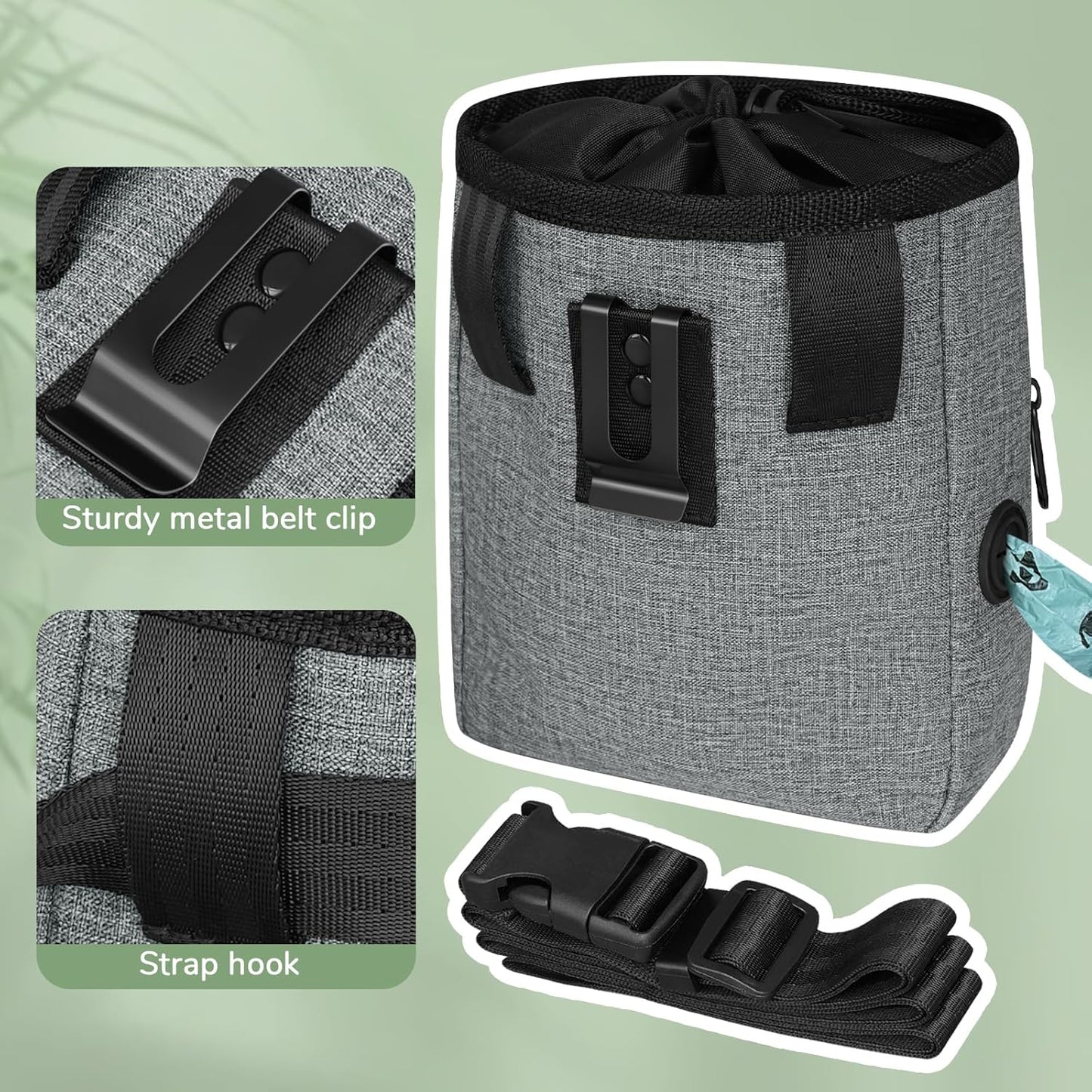 Upgraded Large-Sized Dog Treat Pouch with Waist Clip - Fashionable Green&Grey Design - Large Capacity Treat Bag for Dog Walks,Outdoor Activities, Travel and Training - Includes 1 Poop Bags