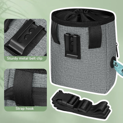 Upgraded Large-Sized Dog Treat Pouch with Waist Clip - Fashionable Green&Grey Design - Large Capacity Treat Bag for Dog Walks,Outdoor Activities, Travel and Training - Includes 1 Poop Bags