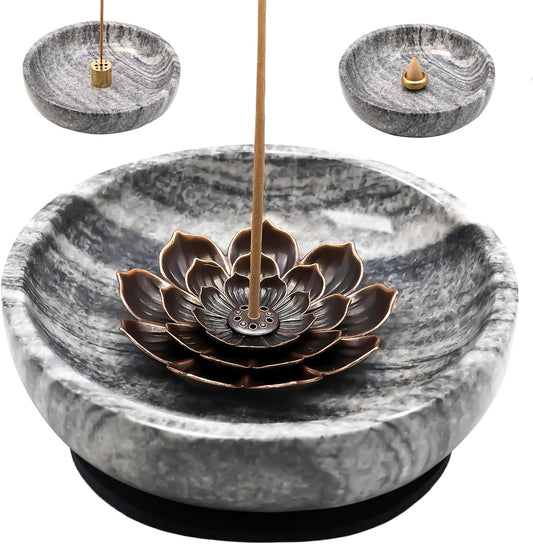 Super Large Handmade Marble Incense Holder for Sticks and Cones – 9-Hole Multi-Functional Incense Burner, Heavy Natural Stone Home Decor, 5.91 Inch Round Design - PuriLite