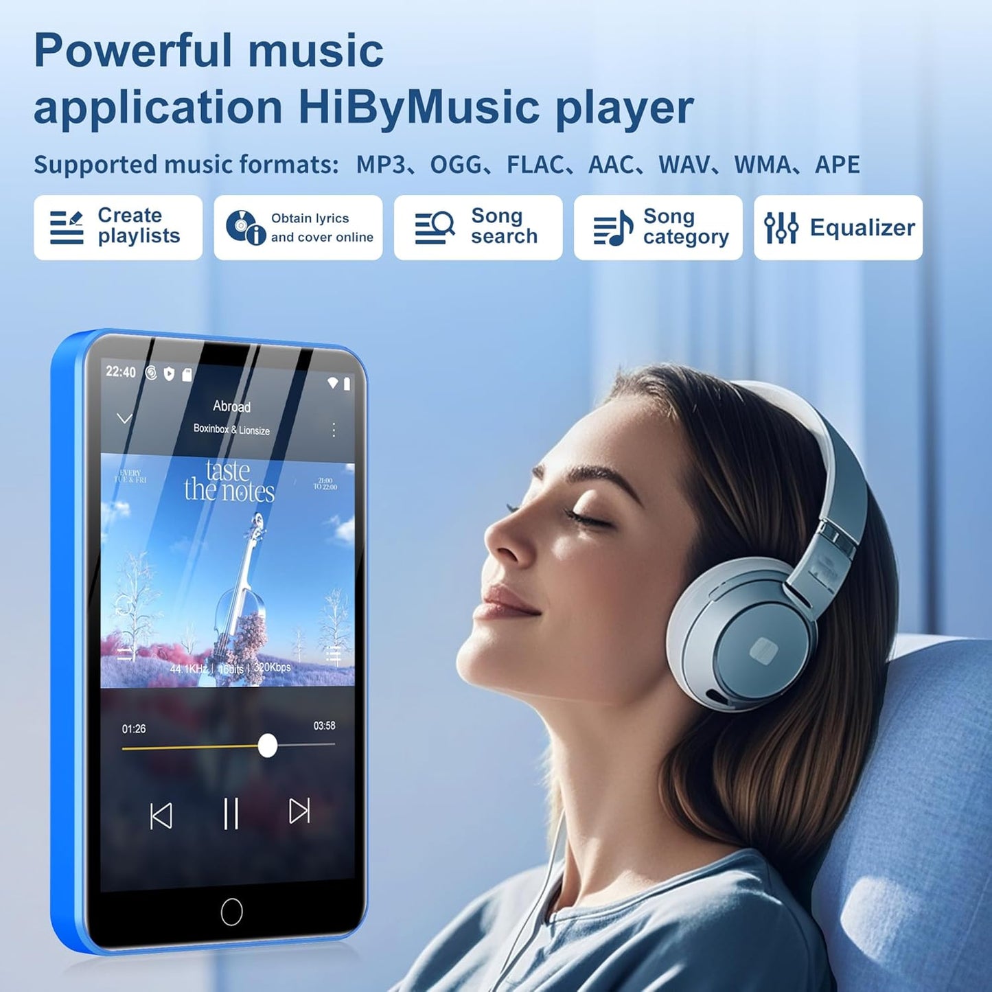 80GB MP3 Player with Bluetooth and WiFi, 4-inch Touch Screen MP3 Player with Bluetooth ， with Spotify, SpotifyKids, Audible, Andora, Amazon Player, MP4&MP3 Player up to 1TB Black