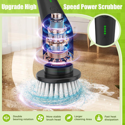 YKYI Electric Spin Scrubber,Cordless Electric Cleaning Brush,Shower Scrubber with 8 Replaceable Brush Heads,Power Scrubber 2 Adjustable Speeds,Bathroom Brush with Long Handle for Bathtub,Tile,Floor