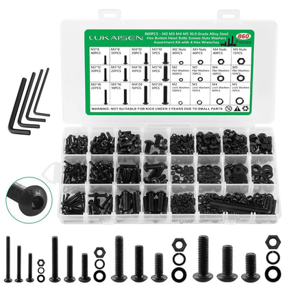 860PCS Metric Screw Assortment Kit, M2 M3 M4 M5 Machine Screws with Lock & Flat Washers, 10.9 Grade Alloy Steel, Metric Hex Button Head Cap Nuts and Bolts Assortment Kit with 4 Wrenches