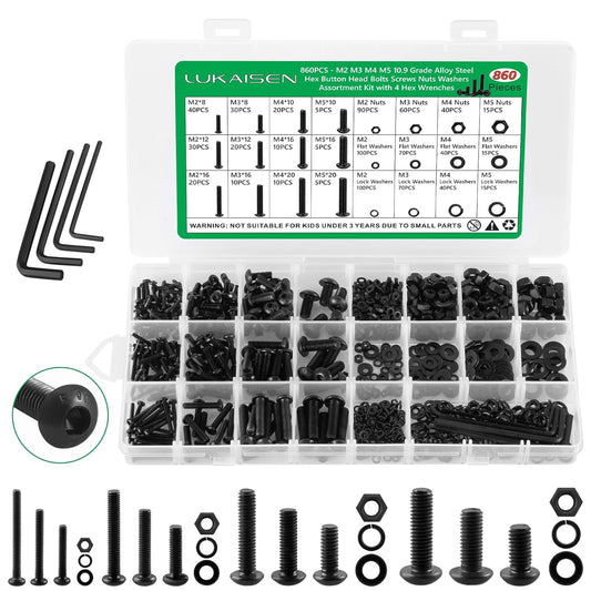860PCS Metric Screw Assortment Kit, M2 M3 M4 M5 Machine Screws with Lock & Flat Washers, 10.9 Grade Alloy Steel, Metric Hex Button Head Cap Nuts and Bolts Assortment Kit with 4 Wrenches