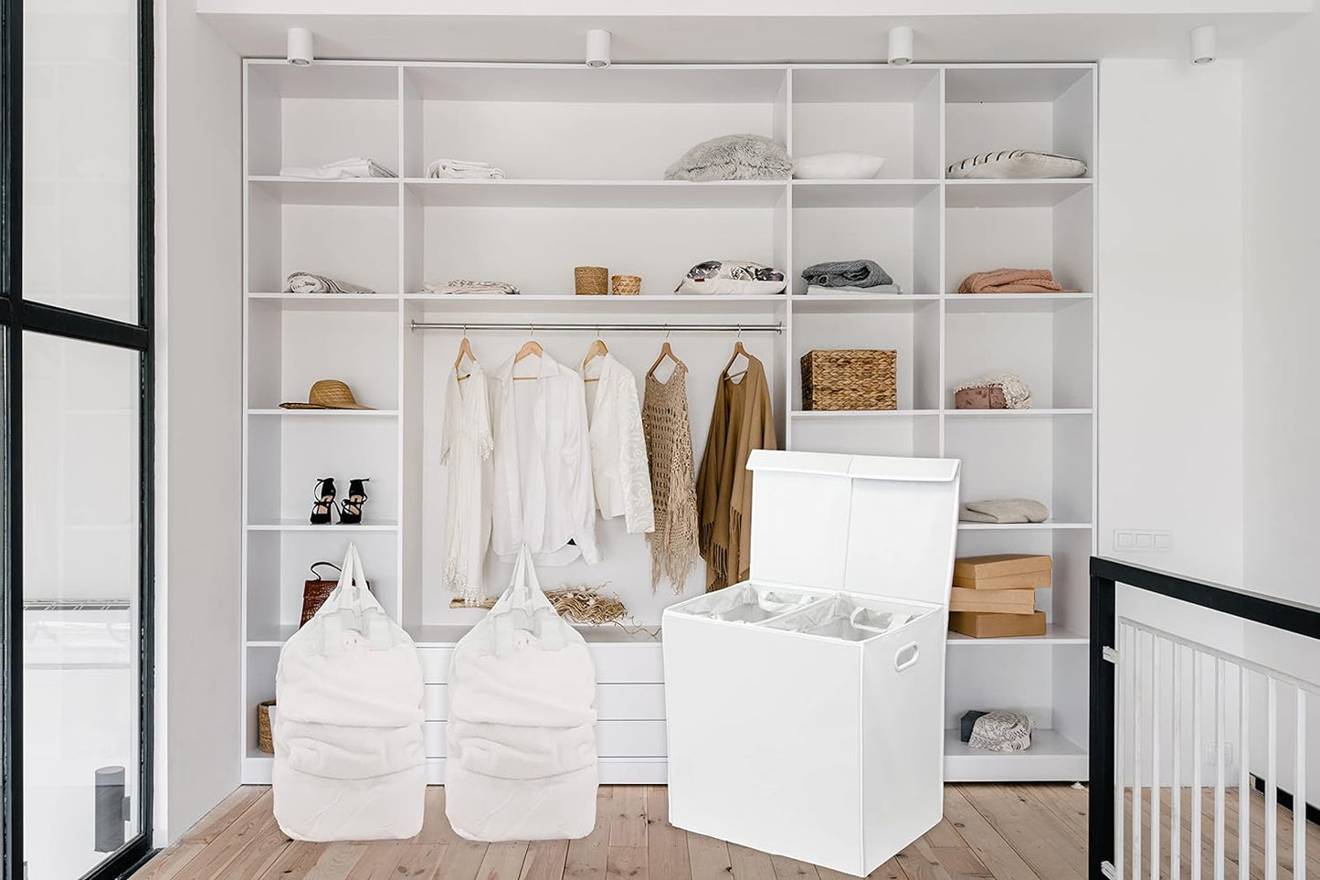 SimpleHouseware Double Laundry Hamper with Lid and Removable Laundry Bags, Beige