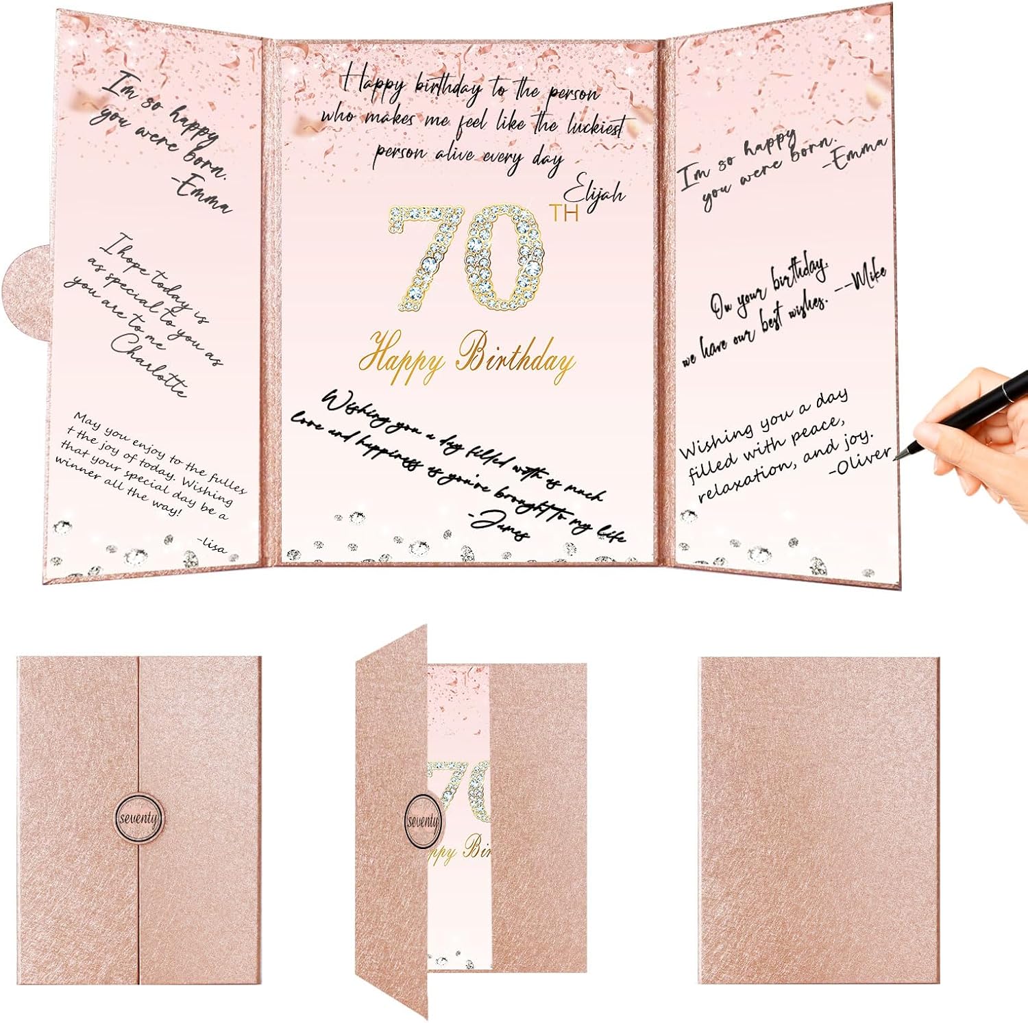 Crenics Rose Gold 70th Birthday Decorations, Creative 70th Birthday Guest Sign in Book Alternative, Large 70th Birthday Signature Book 12" x 18", Great 70 Years Old Birthday Gifts for Women - PuriLite