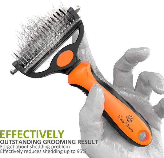 Spring Blossoms-2 in 1 Professional Grooming Rake for Cats & Dogs-Dematting Comb for Easy Mats & Tangles Removing,Pet Brush Safe No More Nasty Shedding and Flying Hair (Orange) - PuriLite