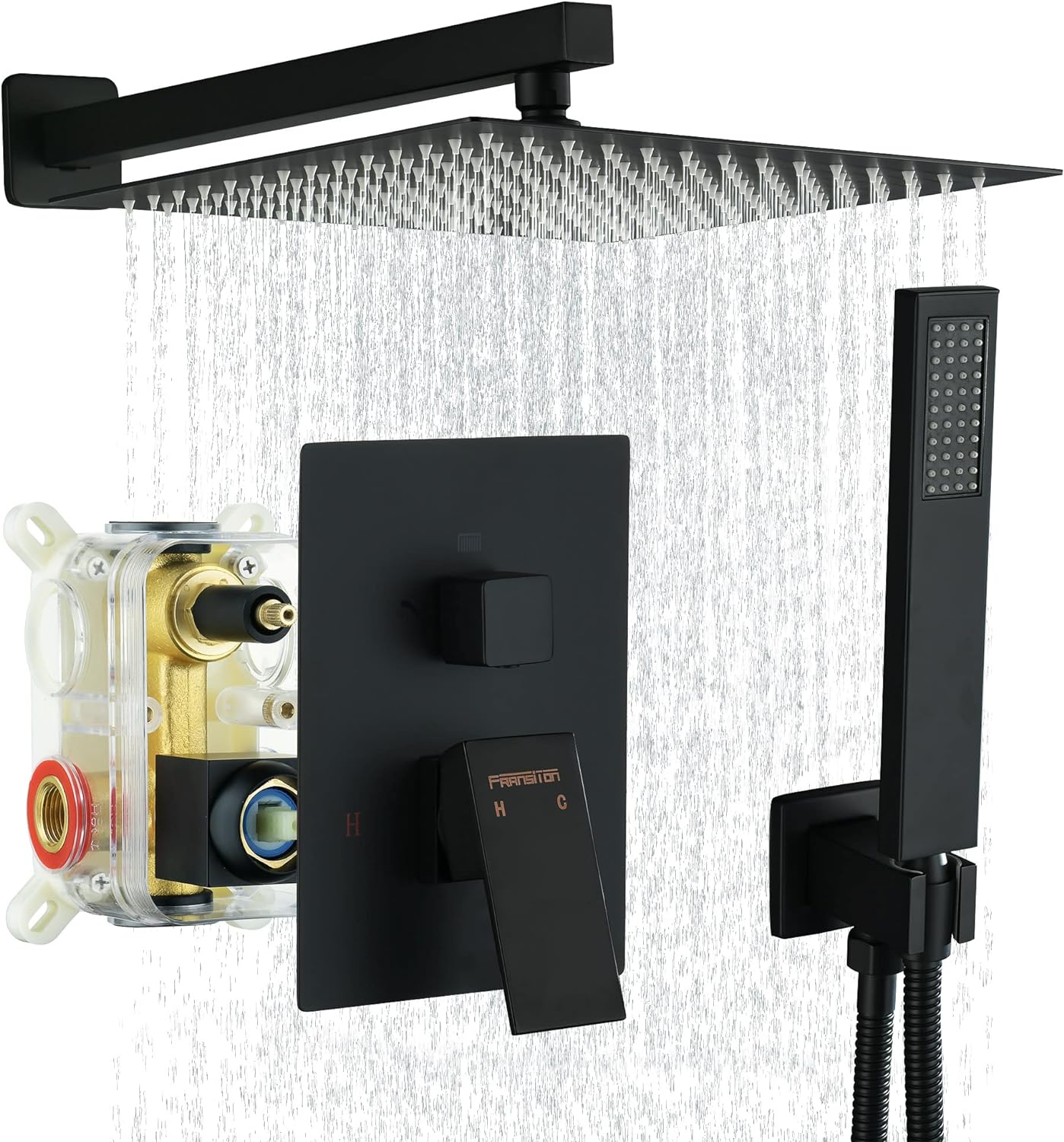 Fransiton Shower System Rain Shower System Set Ceiling Mounted, Rainfall Shower Head with Handheld, Bathroom Shower Kit (Valve Included) (8" - Wall Mount, Matte Black)