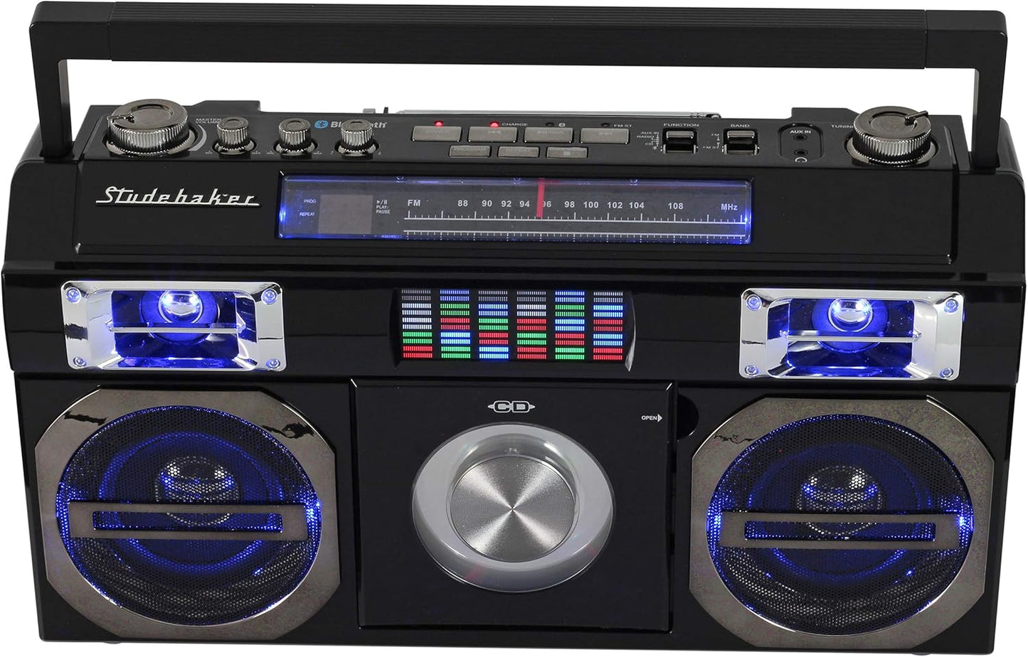 Studebaker SB2145S 80's Retro Street Bluetooth Boombox with FM Radio, CD Player, LED EQ, 10 Watts RMS and AC/DC in Silver