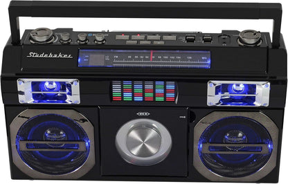 Studebaker SB2145S 80's Retro Street Bluetooth Boombox with FM Radio, CD Player, LED EQ, 10 Watts RMS and AC/DC in Silver