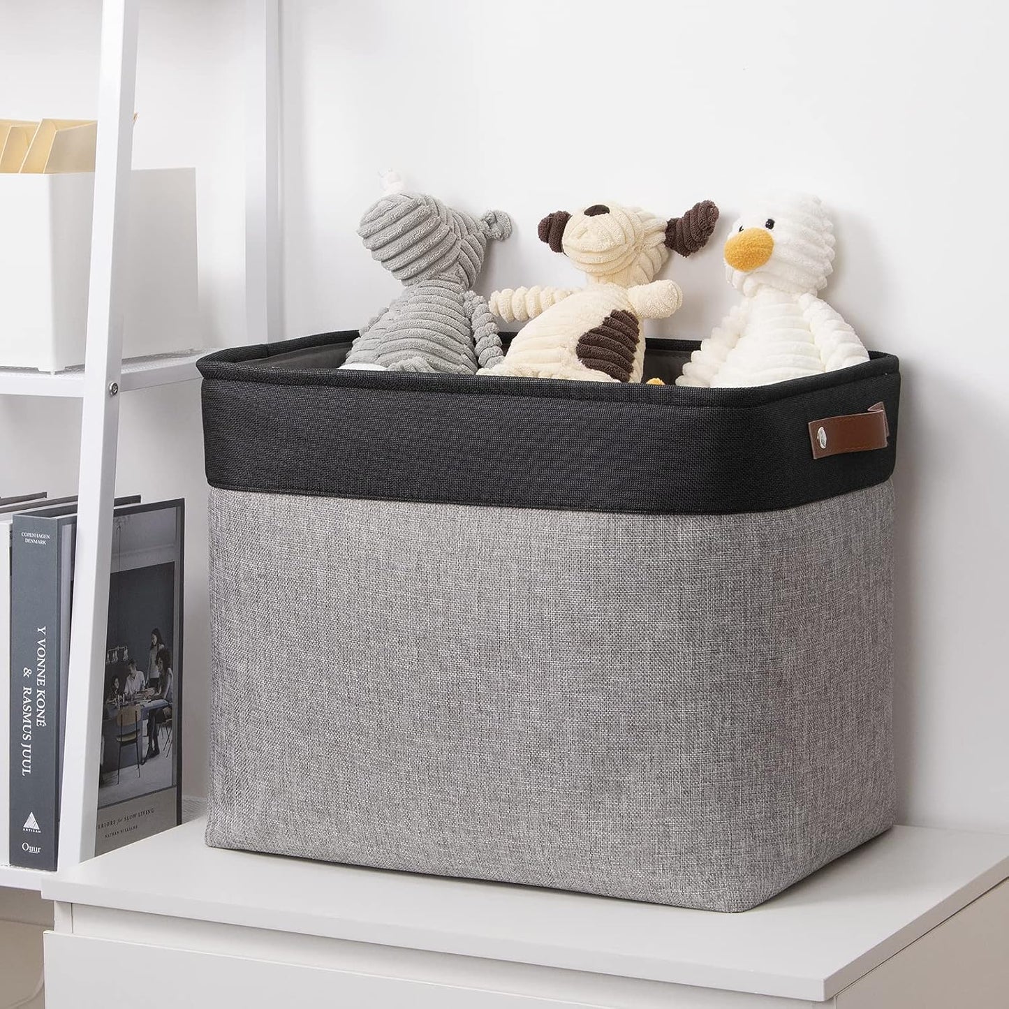 DULLEMELO Storage Baskets for Shelves, Fabric Collapsible Rectangular Storage Bins for Shelves, Closets, Nursery, Home, Office, Empty Gift Baskets (White&Teal)