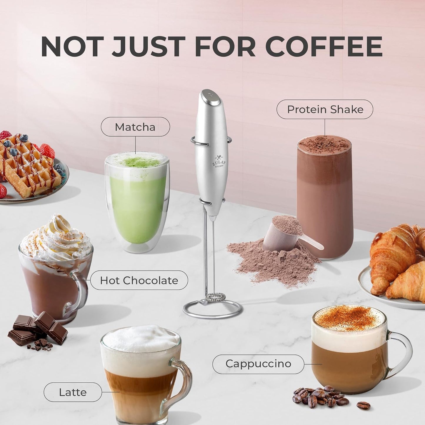 Zulay Kitchen Powerful Double Whisk Milk Frother Handheld - Foam Maker with Stand - Whisk Drink Mixer for Coffee, Mini Foamer for Latte, Matcha, Frappe, Hot Chocolate & Cappuccino (Black)