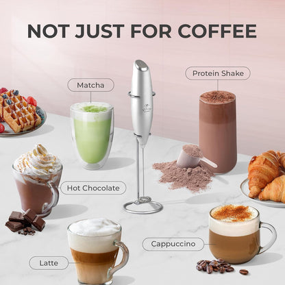 Zulay Kitchen Powerful Double Whisk Milk Frother Handheld - Foam Maker with Stand - Whisk Drink Mixer for Coffee, Mini Foamer for Latte, Matcha, Frappe, Hot Chocolate & Cappuccino (Black)