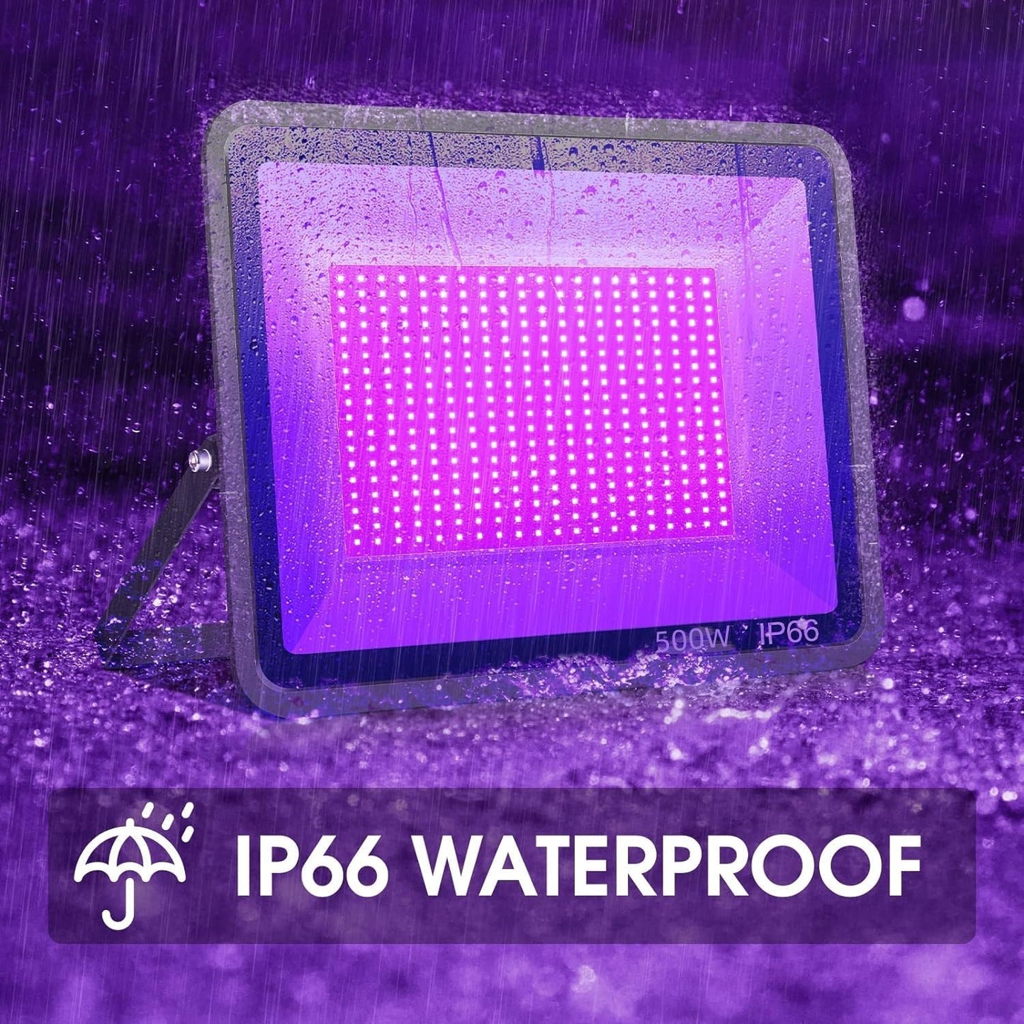 YANYCN - 2 Pack 500W Black LED Flood Light, Outdoor Black Flood Light with Plug and Switch, IP66 Waterproof 395nm to 405nm, UV LED Light, Neon Glow for Party