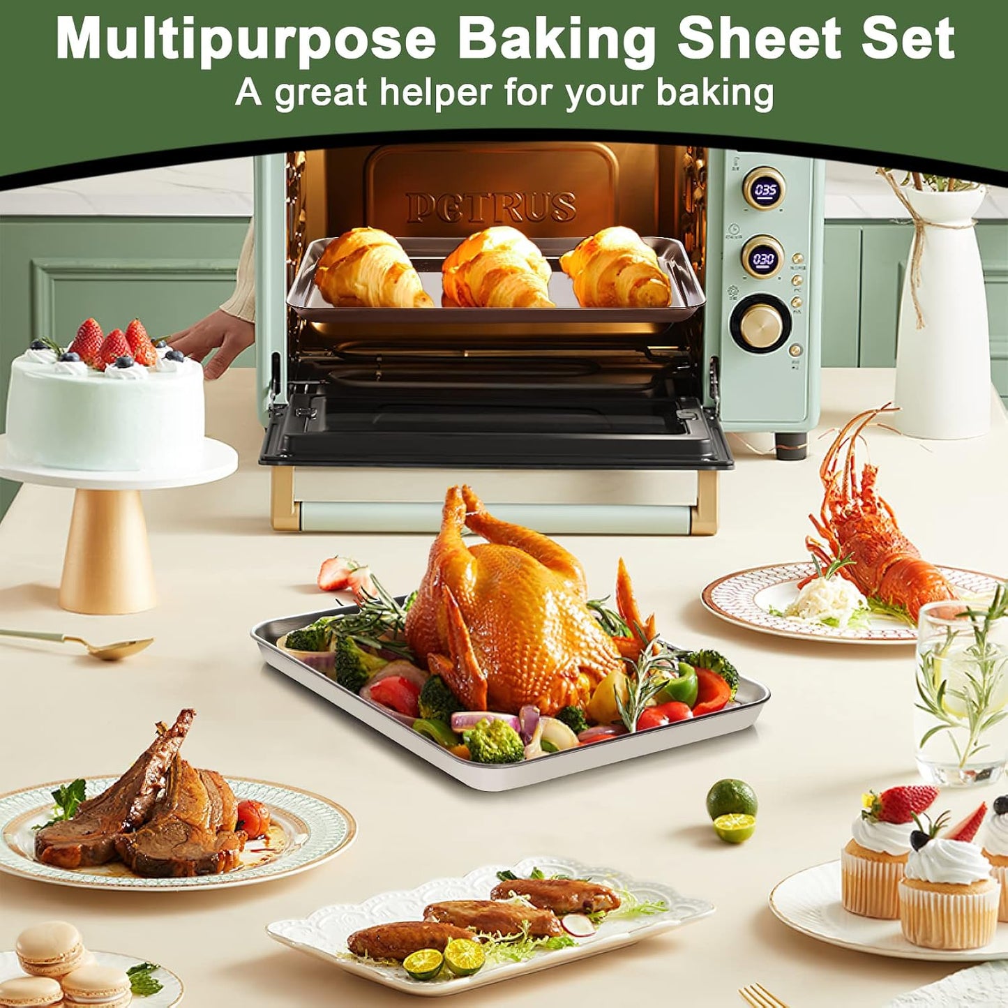 EWFEN Baking Set: Stainless Steel & Silicone Mat Set, 3 Sizes (13x18, 12x17, 9x13 inches), Multi-size Set with Versatile Use
