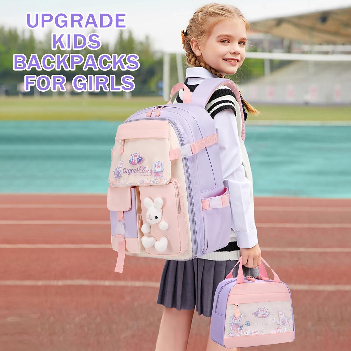 FIXITOK Girls Backpack Set, 3PCS Kids Backpack for Girls, Kawaii Bunny School Backpacks for Girl Kindergarten Elementary Preschool Middle School Bags with Lunch Box Pencil Case Aquamarine