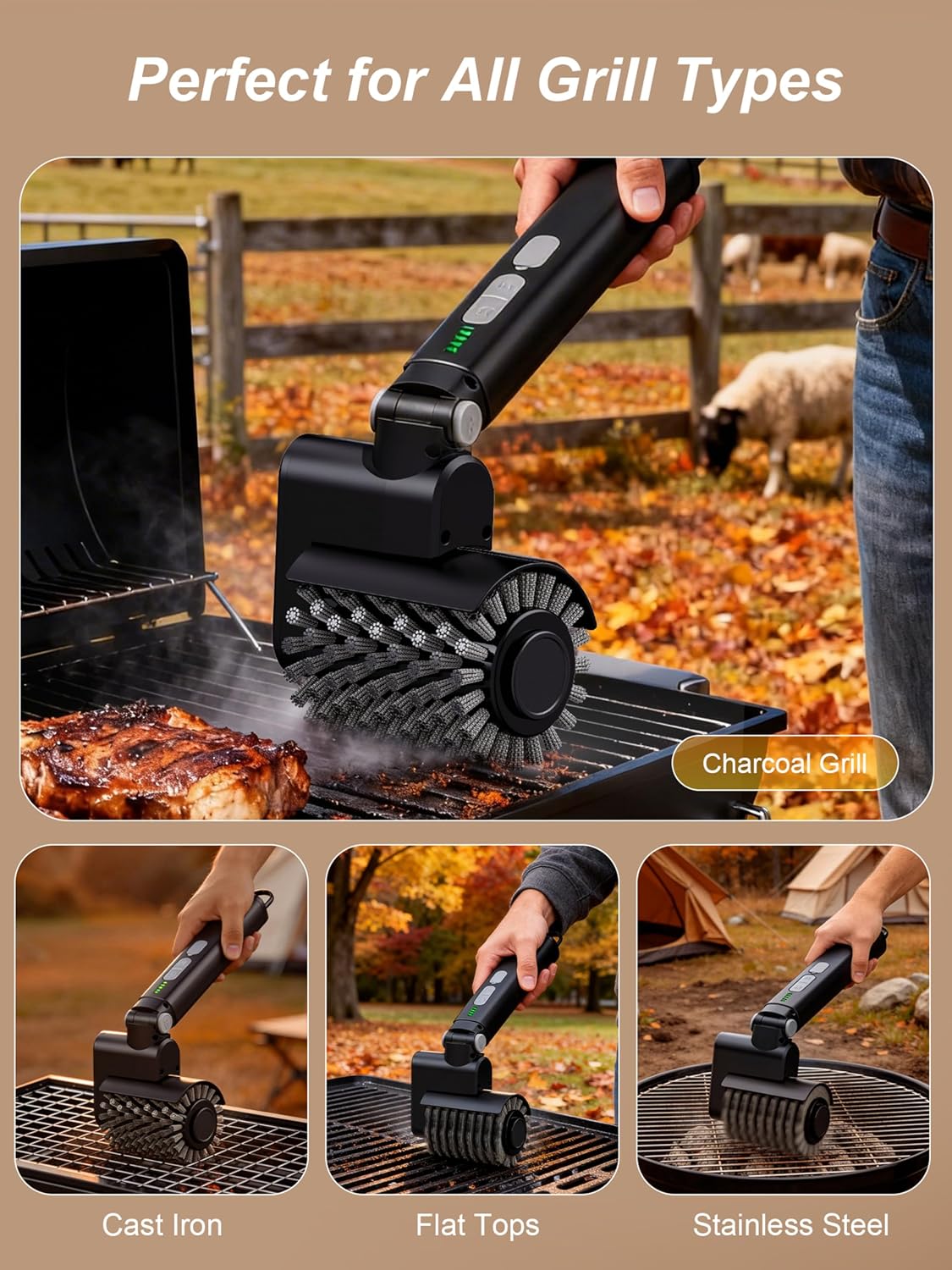 Electric Grill Brush, 3-Speed Power Control Grill Brush for Outdoor Grill, Rechargeable BBQ Grill Brush, Cordless Grill Cleaning Brush with 2 Brush Head & Scouring Pad, Gifts for Men/Dad