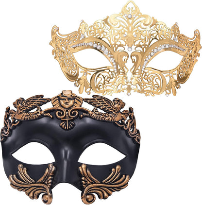 MYSEUNI Masquerade Mask for Couple - Roman Greek Man Mask & Venetian Metal Women Mask for Masquerade Ball Mardi Gras