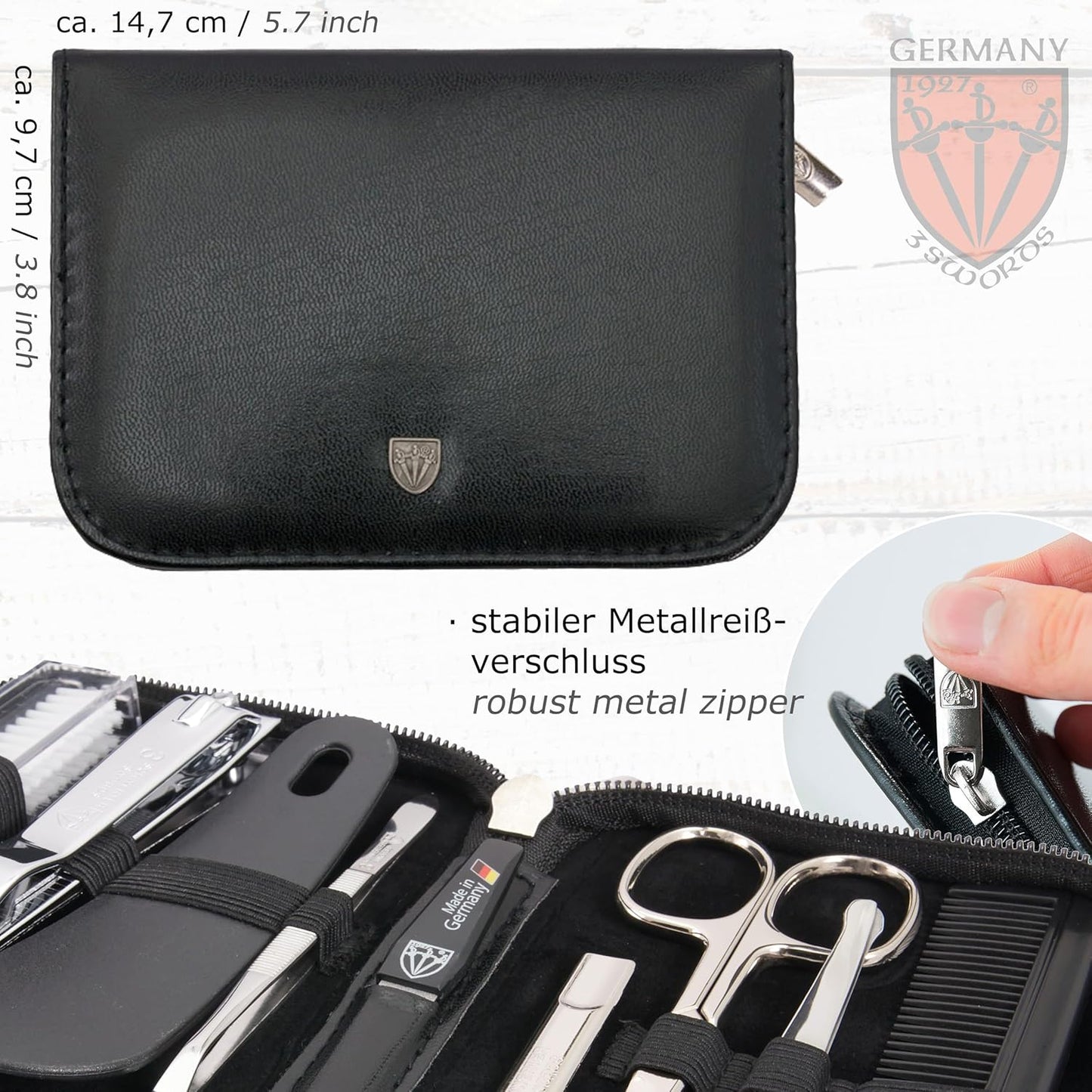 3 Swords Germany - brand quality 10 piece manicure pedicure grooming kit set for professional finger & toe nail care scissors clipper fashion leather case in gift box, Made by 3 Swords (003164)