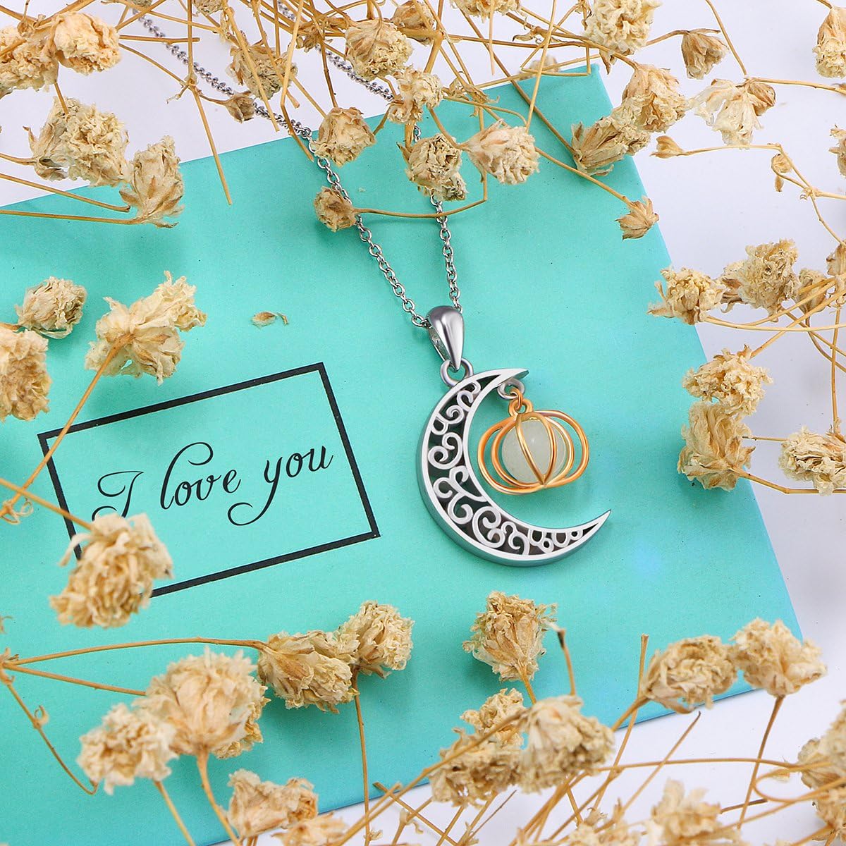 Halloween Jewelry 925 Sterling Silver Moon and Pumpkin Bat Luminous Beads Glow Pendant Necklace, 18 inches