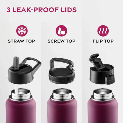 FineDine Water Bottle - Stainless Steel Insulated Water Bottle with Straw Lid, Flip Lid & Wide-Mouth Cap - Keeps Hot and Cold - 25 Oz / 739ml - Pure Pearly White