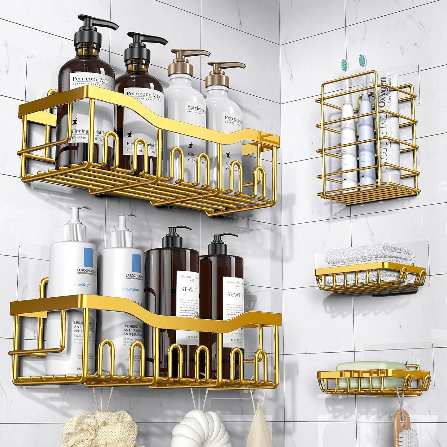 EUDELE 5-Pack Rustproof Stainless Steel Shower Caddy – No Drill Adhesive Bathroom Organizer with Large Capacity, Spacious Shower Shelves for Inside Shower, Kitchen & Home Decor Storage