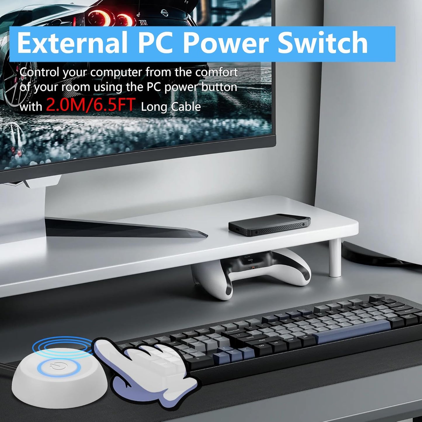 SinLoon PC Power On Button Desktop Computer Power Switch External Remote Start 6.5 FT Computer Motherboard PC Power Switch Extension Cable with LED Light (Black)