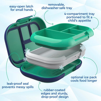 Bentgo Chill Kids Leak-Proof Lunch Box - 4-Compartment Bento Box with Built-In Ice Pack, 3.3 Cup Capacity, PFAS & BPA-Free, Microwave & Dishwasher Safe, Ideal Size for Ages 3 to 7 (Aqua)