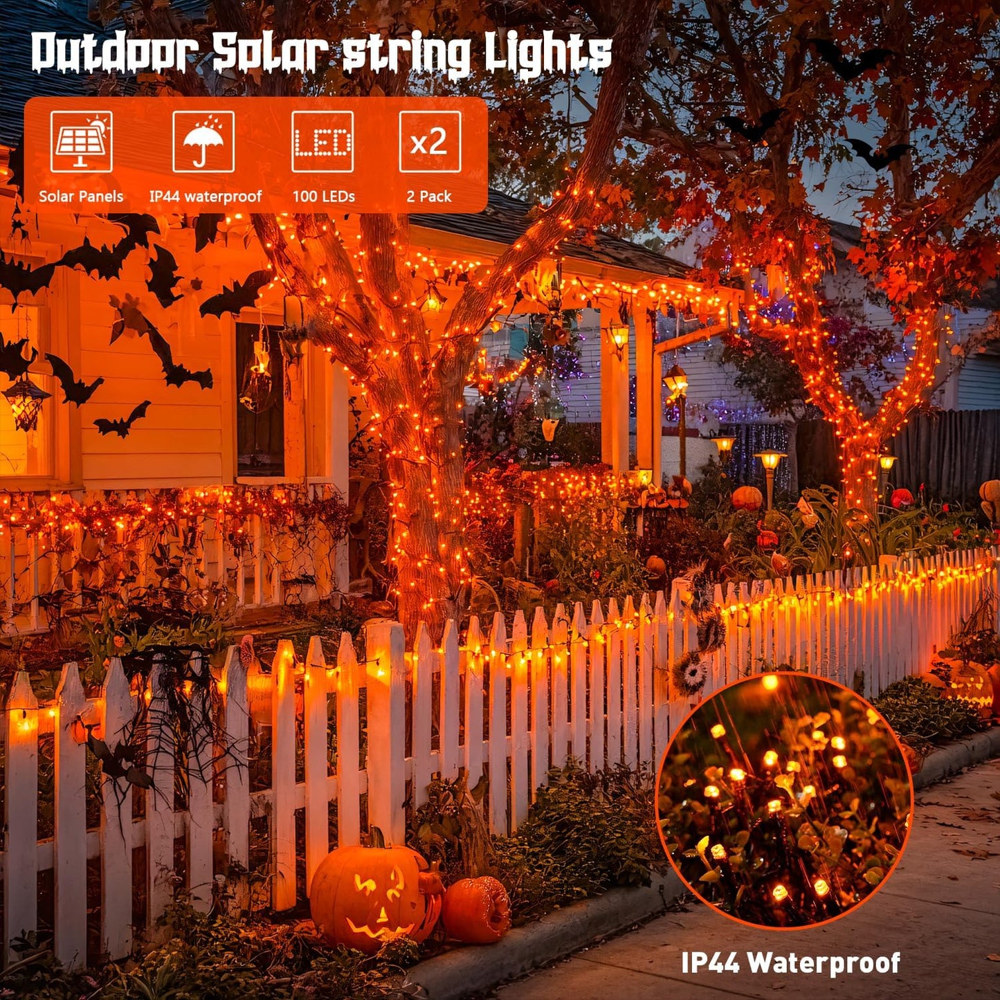 JMEXSUSS 2 Pack 75.5ft Orange Solar Christmas Lights, Total 400 LED Solar String Lights Outdoor Waterproof, 8 Modes Orange Halloween Lights for Tree Patio Garden Thanksgiving Halloween Decorations