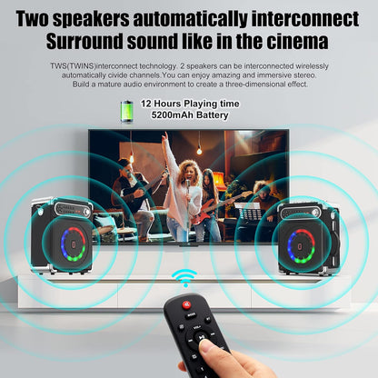 JYX Karaoke Machine with Two Wireless Microphones, Portable Bluetooth Speaker with Bass/Treble Adjustment, Remote Control and LED Lights, Supports TF Card/USB, AUX in, FM, REC for Party
