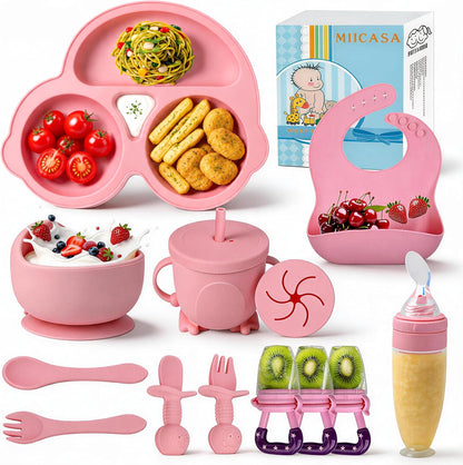 Silicone Baby Feeding Set,Miicasa Baby Led Weaning Supplies Kit With Suction Bowl & Car Plate, Bib, Spoon, Fork, Cup - Food-Grade Silicone, Dishwasher-Safe, No BPAs - For 3+ Months