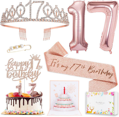 8pcs 40th Birthday Decorations gifts for Women, Including 40th Happy Birthday Cake Topper, Queen Sash with Pearl Pin, Sweet Rhinestone Tiara Crown for Women, Number Candles and Balloons (Rose Gold)