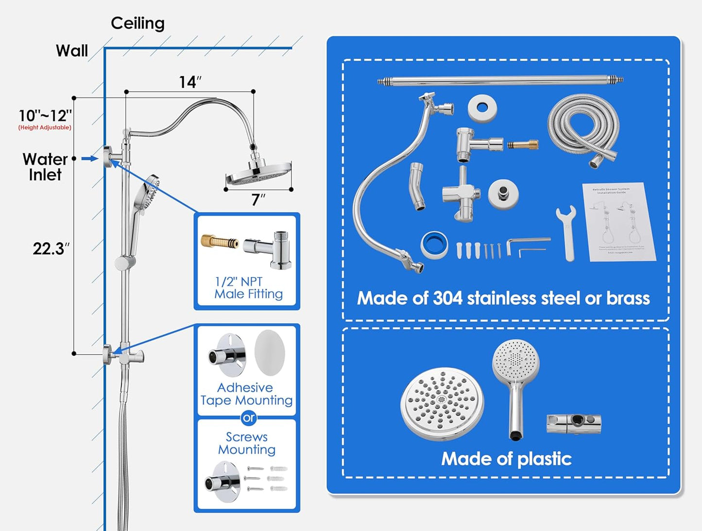 ROVOGO Retrofit Shower System with 7" RainShower, 5-Setting Handheld, 22" Slide Bar with 3-Way Rotary Diverter, Exposed Pipe Shower Column Kit 304 Stainless Steel, Chrome (NOT Include Mixer Valve)