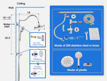ROVOGO Retrofit Shower System with 7" RainShower, 5-Setting Handheld, 22" Slide Bar with 3-Way Rotary Diverter, Exposed Pipe Shower Column Kit 304 Stainless Steel, Chrome (NOT Include Mixer Valve)