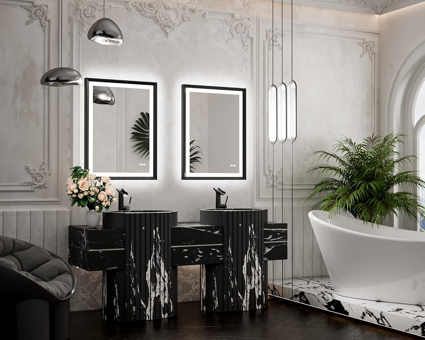 TETOTE 28x36 LED Mirror for Bathroom Black Metal Frame Frontlit & Backlit Lighted Vanity Mirror Baroque Gothic Anti Fog Stepless Dimmable White/Warm/Natural,Wall Mounted(Horizontal/Vertical)